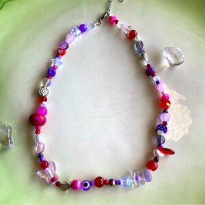 Iconic Pink Purple & Red Beaded Necklace Butterfly Mushroom Hamsa Fish Evil Eye